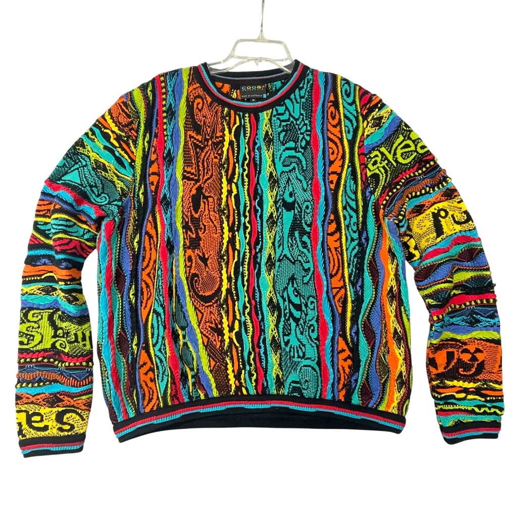 Vintage COOGI Australia RARE 3D Knit Sweater M Fish Sea Life SAND Waves Text